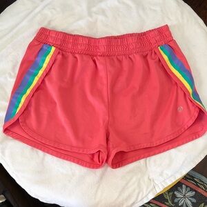 Women's Pink Athletic Shorts with Rainbow Stripes
